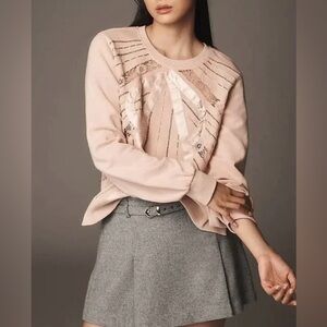 New Anthropologie,Beaded Bow Sweatshirt, Dusty Blush Pink in Small